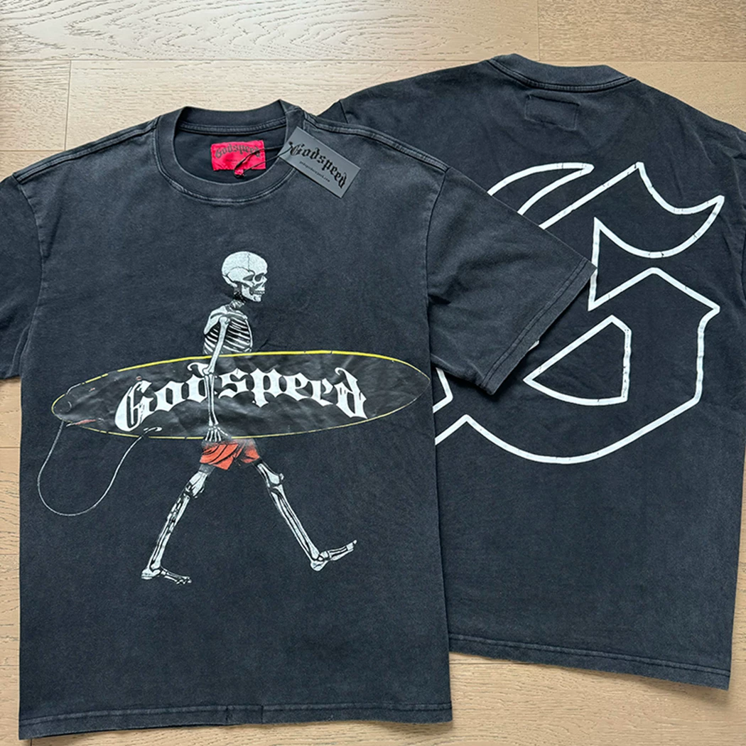 Godspeed Skeleton Surfer Washed Black Tee | Vintage Wash Graphic T-Shirt