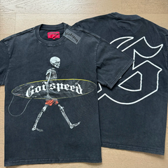 Godspeed Skeleton Surfer Washed Black Tee | Vintage Wash Graphic T-Shirt