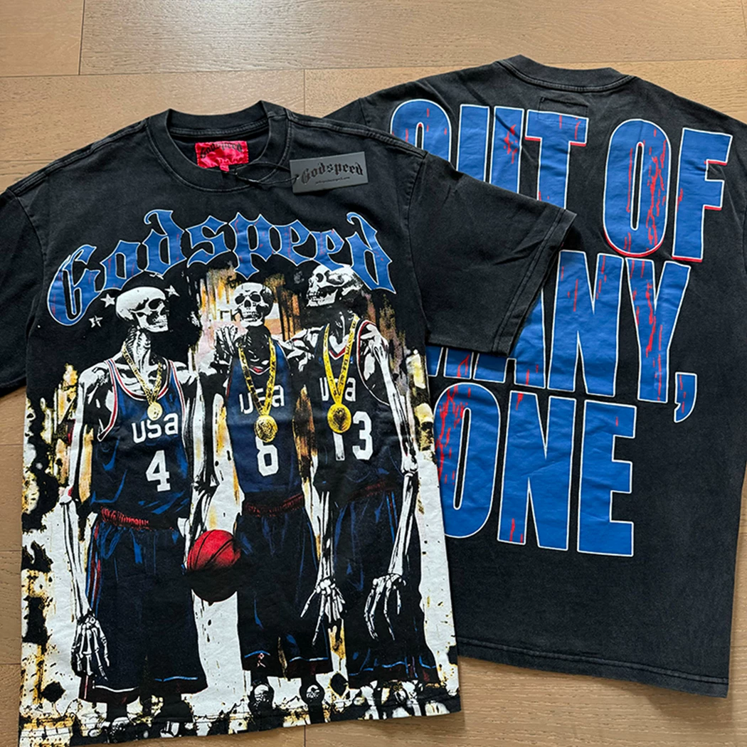 Godspeed "Out Of Many, One" USA Skeleton Basketball Tee | Vintage Washed Black Graphic T-Shirt