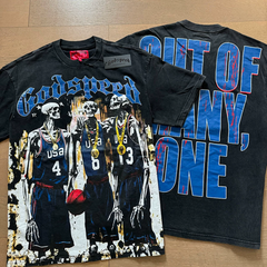 Godspeed "Out Of Many, One" USA Skeleton Basketball Tee | Vintage Washed Black Graphic T-Shirt