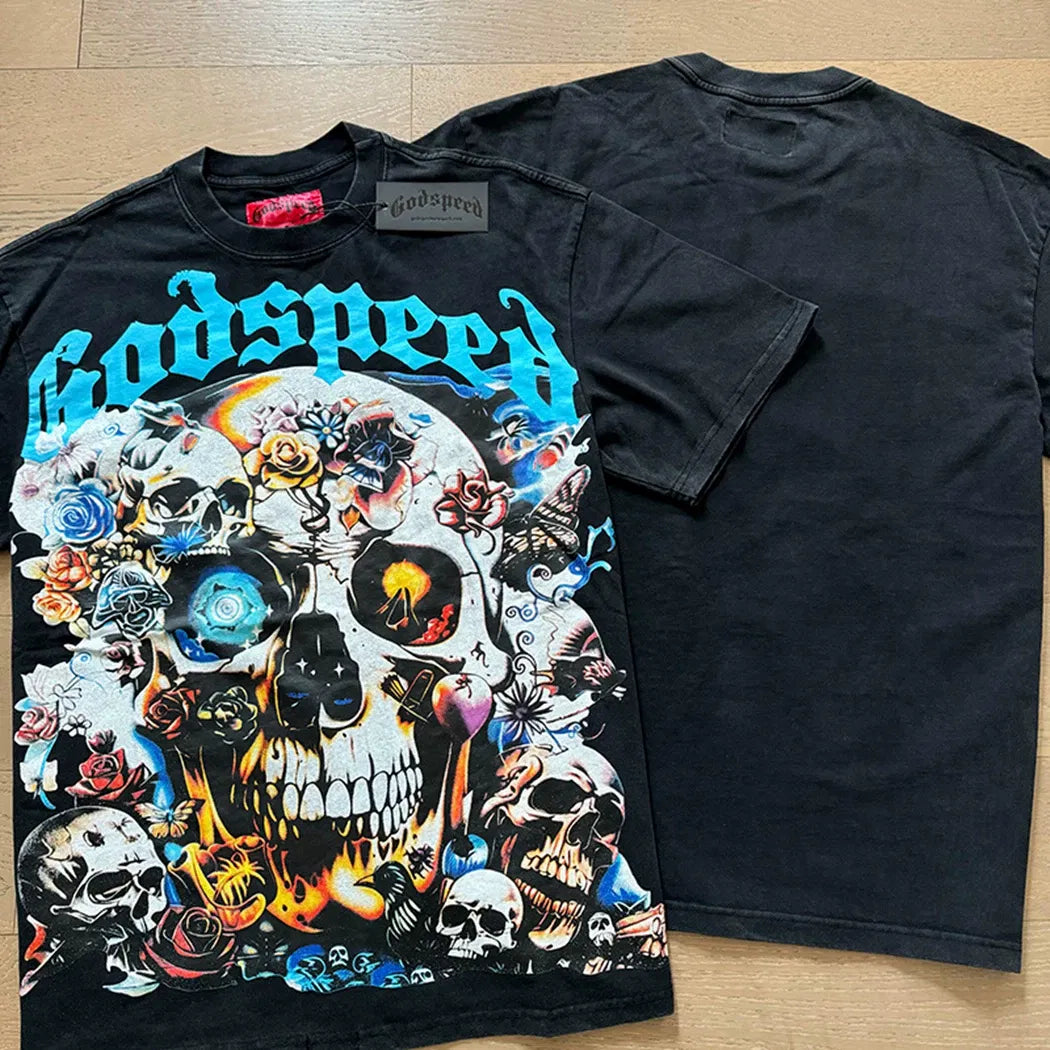 Godspeed Surreal Skull Collage Vintage Washed Black Graphic T-Shirt