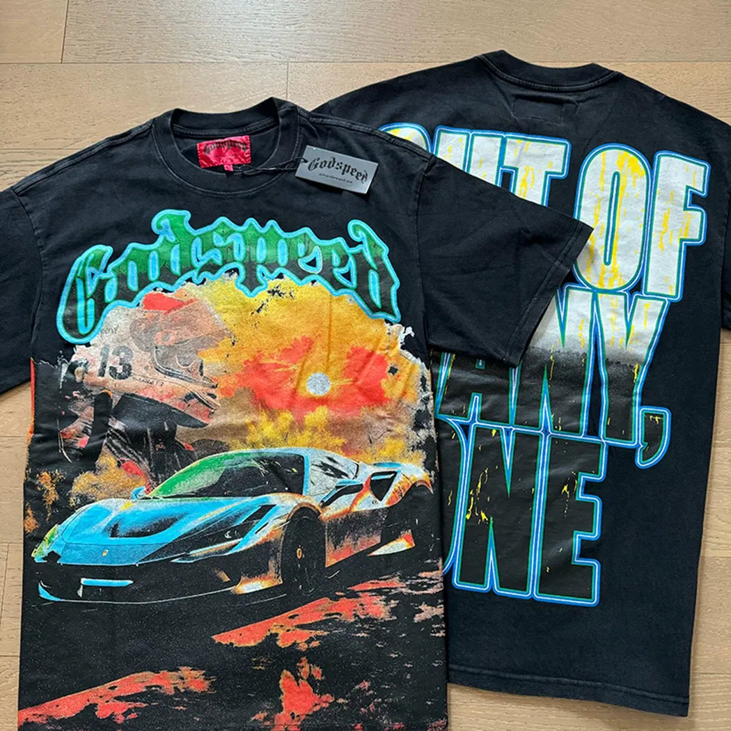Godspeed "Out Of Many, One" Sports Car Skeleton Vintage Washed Black Graphic T-Shirt