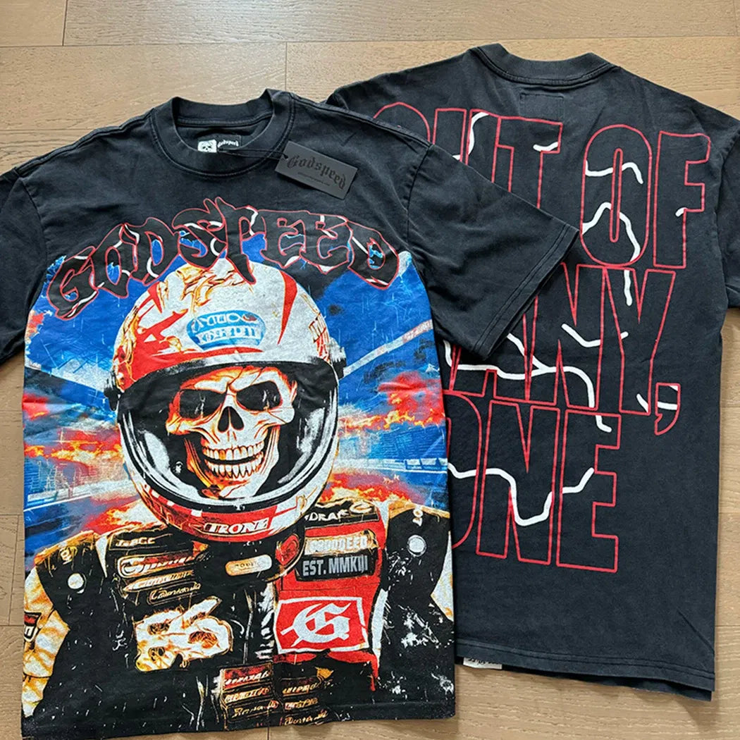 Godspeed "Out Of Many, One" F1 Racer Skeleton Vintage Washed Black Graphic T-Shirt