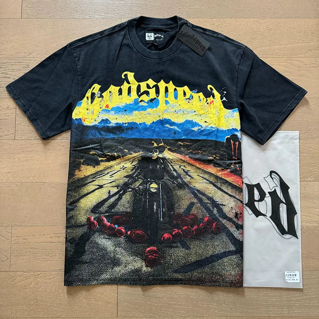 Godspeed "Open Road" Skeleton Rider Vintage Washed Black Graphic T-Shirt